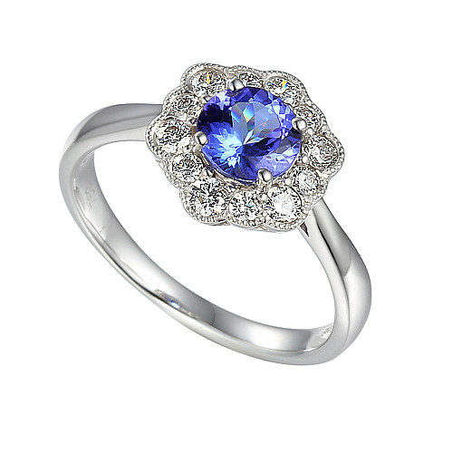 Claw Set Round Brilliant Cut Tanzanite With Round Brilliant Diamond Halo & Milgrain Ring