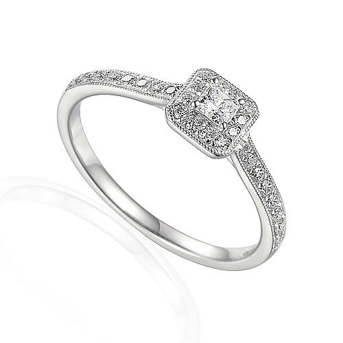 Claw Set Princess Cut Diamond With Round Brilliant Cut Micro Set Halo And Shoulders Ring