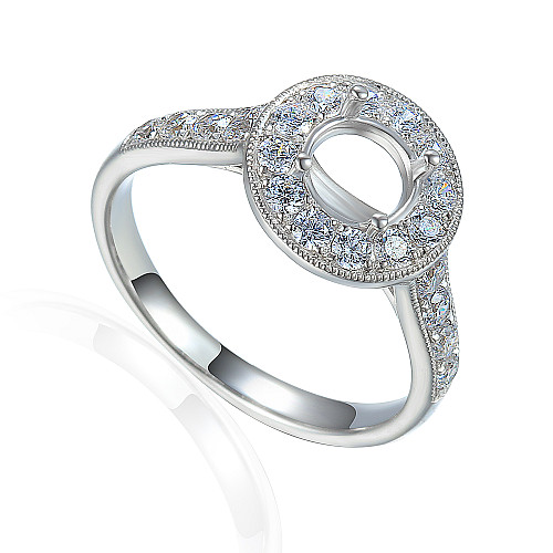 Round Brilliant Cut Claw Set Centre With Milgrain Micro Set Diamond Halo And Shoulders Semi Set Ring
