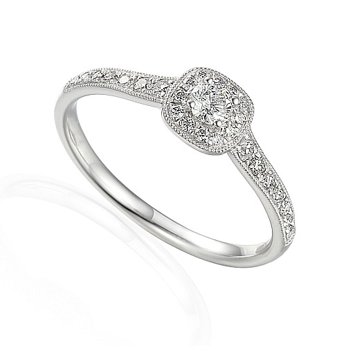 Claw Set Round Brilliant Cut Diamond With Micro Set Shoulders & Halo Ring