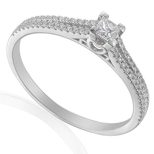 Claw Set Princess Cut Diamond Solitaire With Round Brilliant Cut Micro Set Split Shoulders Ring