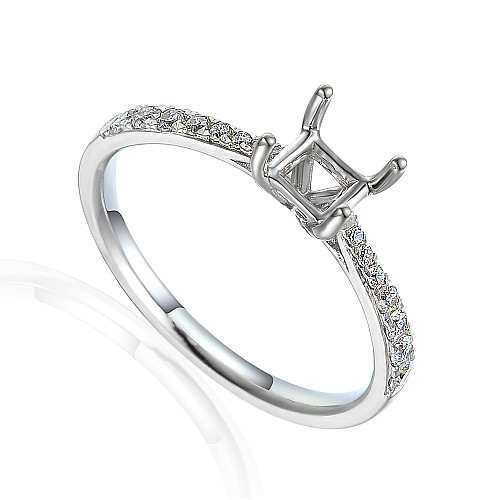 Princess Cut Claw Set Centre With Micro Set Round Brilliant Cut Diamond Shoulders Semi Set Ring