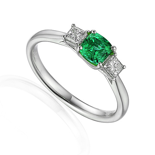 Cushion Cut Emerald & Princess Cut Diamond Claw Set 3 Stone Ring