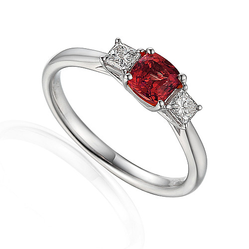 Cushion Cut Ruby & Princess Cut Diamond Claw Set 3 Stone Ring