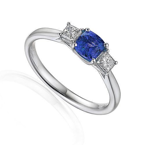 Cushion Cut Blue Sapphire & Princess Cut Diamond Claw Set 3 Stone Ring