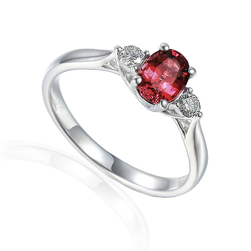 Claw Set Oval Cut Ruby & Round Brilliant Cut Diamond 3 Stone Ring