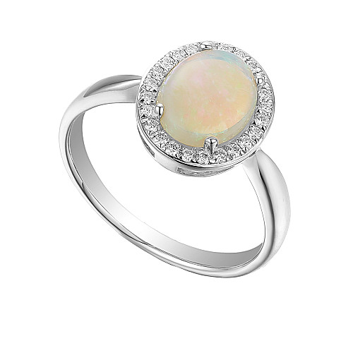 Platinum Claw + Micro Set Round Diamond and Oval Opal Halo Ring