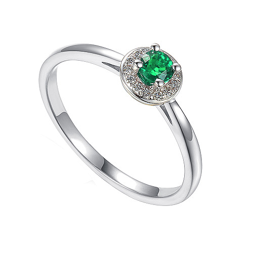 Claw Set Round Brilliant Cut Emerald With Diamond Halo Ring