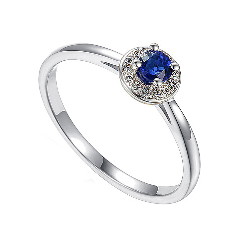 Claw Set Round Brilliant Cut Blue Sapphire With Diamond Halo Ring