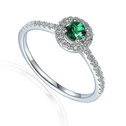 Claw Set Round Brilliant Cut Emerald With Pave Set Diamond Halo & Shoulders Ring
