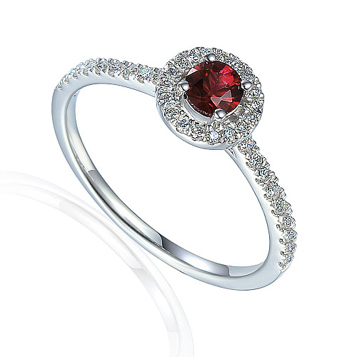 Claw Set Round Brilliant Cut Ruby With Pave Set Diamond Halo & Shoulders Ring
