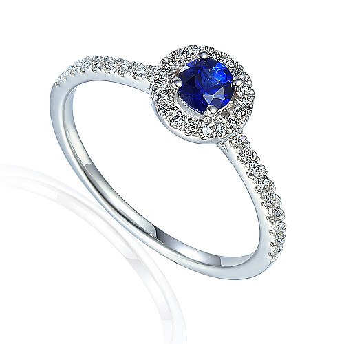 Claw Set Round Brilliant Cut Blue Sapphire With Pave Set Diamond Halo & Shoulders Ring
