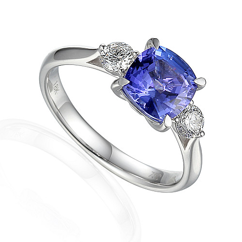 Claw Set Cushion Cut Tanzanite & Round Brilliant Cut Diamond 3 Stone Ring
