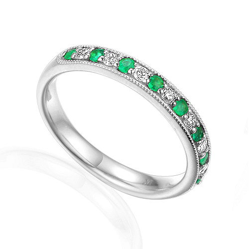 Claw Set Round Brilliant Cut Emerald & Diamond With Milgrain Half Eternity Ring