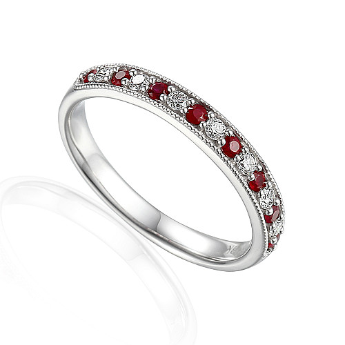 Claw Set Round Brilliant Cut Ruby & Diamond With Milgrain Half Eternity Ring