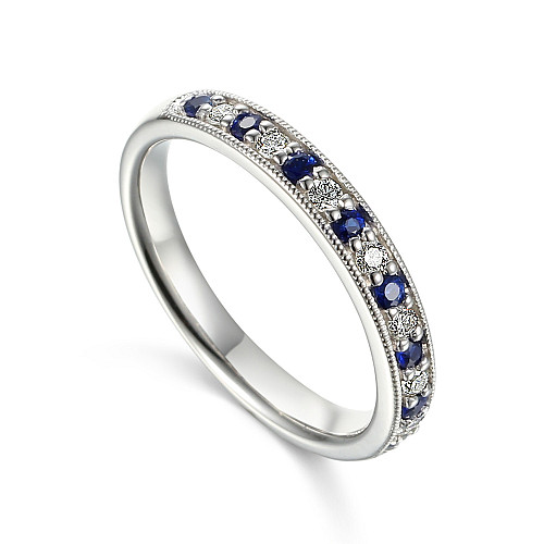 Claw Set Round Brilliant Cut Blue Sapphire & Diamond With Milgrain Half Eternity Ring