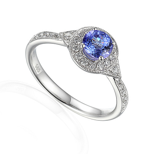 Round Brilliant Cut Tanzanite Claw Set With Micro Set Round Brilliant Cut Diamond Halo And Shoulders Milgrain Ring
