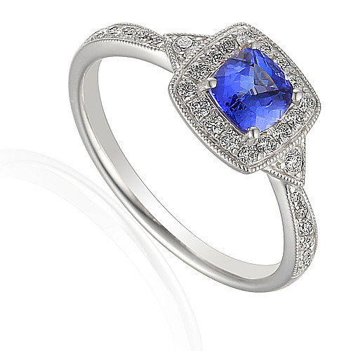 Claw Set Cushion Cut Tanzanite With Micro Set Round Brilliant Diamond Halo Ring