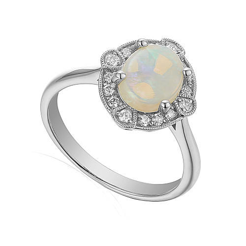 Platinum Claw + Micro Set Round Diamond and Oval Opal Halo Ring