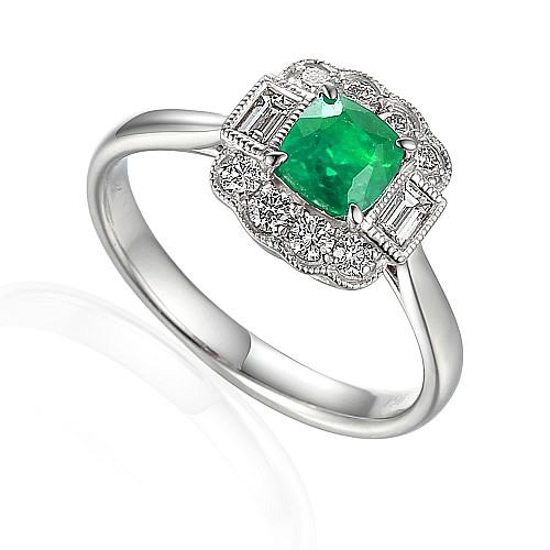 Claw Set Cushion Cut Emerald With Baguette Cut Diamond And Micro Set Round Brilliant Diamond Halo Ring