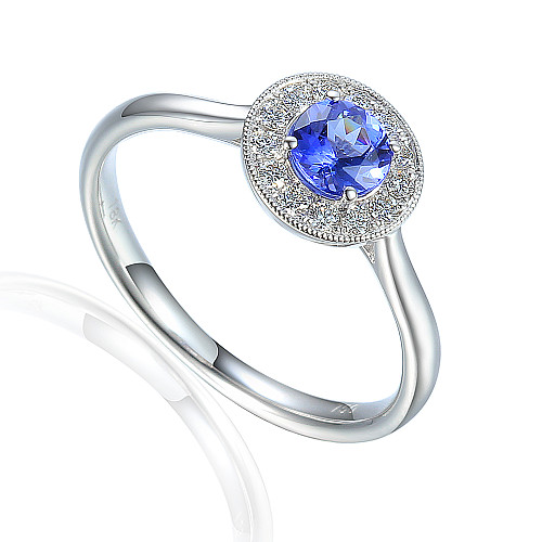 Claw Set Round Brilliant Cut Tanzanite With Micro Set Round Brilliant Diamond Halo Ring