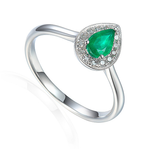 Claw Set Pear Shape Cut Emerald With Round Brilliant Diamond Halo Ring