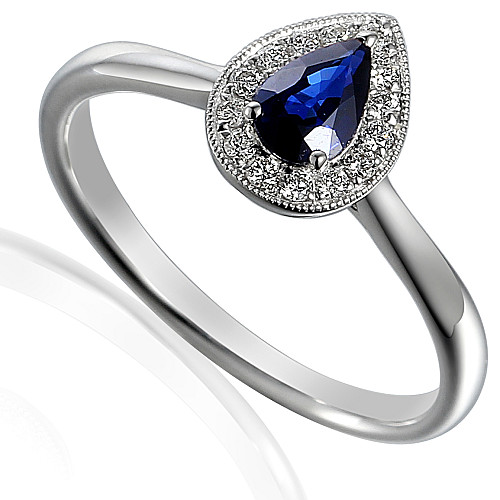Claw Set Pear Shape Cut Blue Sapphire With Round Brilliant Diamond Halo Ring