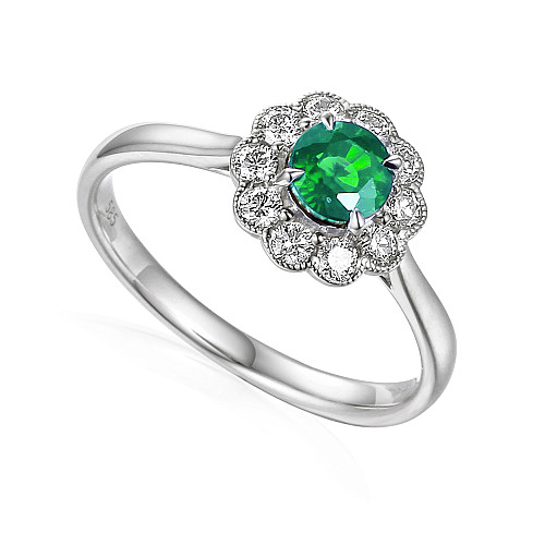 Claw Set Round Brilliant Cut Emerald With Diamond Halo & Milgrain Ring