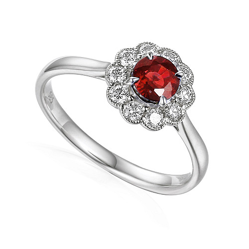 Claw Set Round Brilliant Cut Ruby With Diamond Halo & Milgrain Ring
