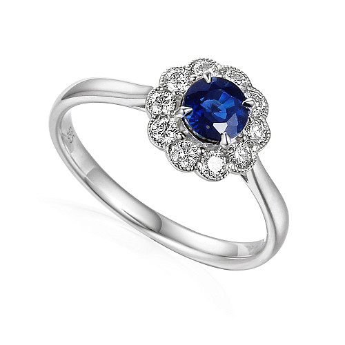 Claw Set Round Brilliant Cut Blue Sapphire With Diamond Halo Milgrain Ring