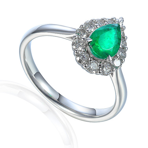Claw Set Pear Shape Cut Emerald With Round Brilliant Diamond Halo Ring