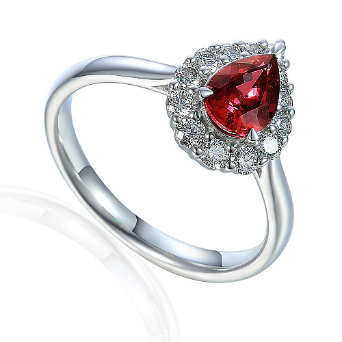 Claw Set Pear Shape Cut Ruby With Round Brilliant Diamond Halo Ring