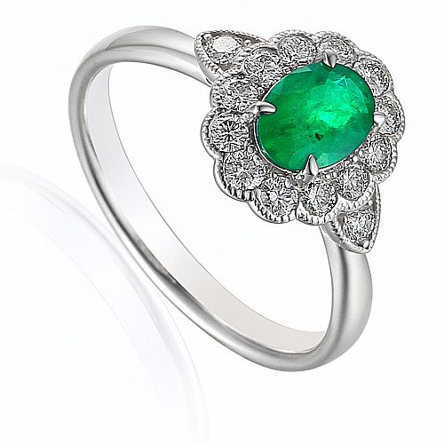 Claw Set Oval Cut Emerald With Round Brilliant Diamond Halo & Milgrain Ring