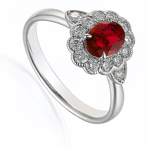 Claw Set Oval Cut Ruby With Round Brilliant Diamond Halo & Milgrain Ring