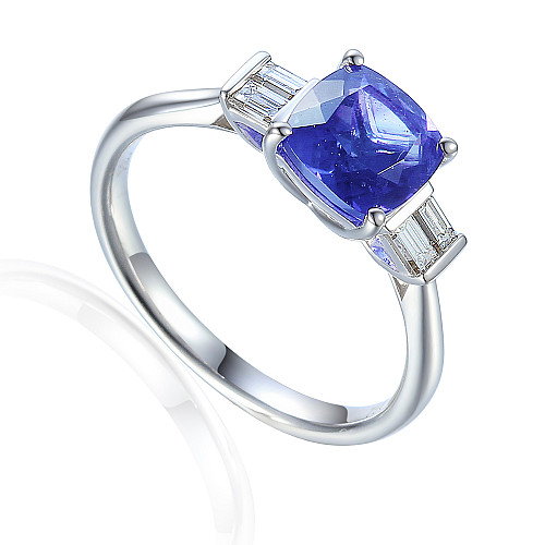 Claw Set Cushion Cut Tanzanite With Rubover Set Baguette Cut Diamond Trefoil Ring