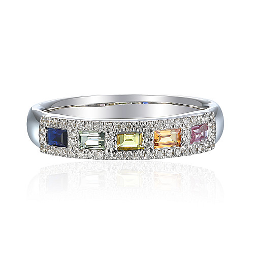 Micro & Grain Set Baguette Cut Multi Colour Sapphire & Round Diamond Ring