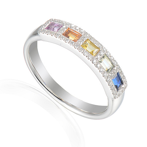 Micro & Grain Set Baguette Cut Multi Colour Sapphire & Round Diamond Ring