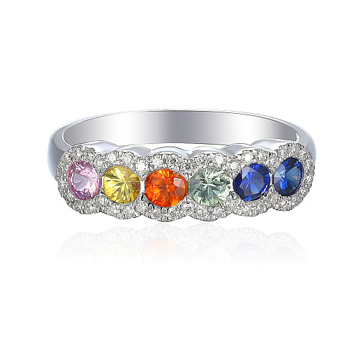 Rubover Set Round Multi Colour Sapphire Diamond Halo Half Eternity Statement Ring