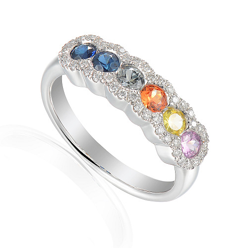 Rubover Set Round Multi Colour Sapphire Diamond Halo Half Eternity Statement Ring