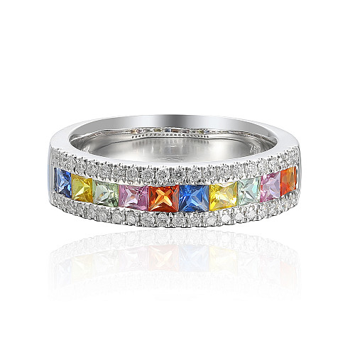 Micro & Channel Set Princess Cut Multi Colour Sapphire & Round Diamond Rainbow Statement Ring