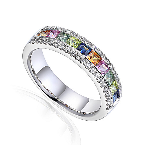 Micro & Channel Set Princess Cut Multi Colour Sapphire & Round Diamond Rainbow Statement Ring