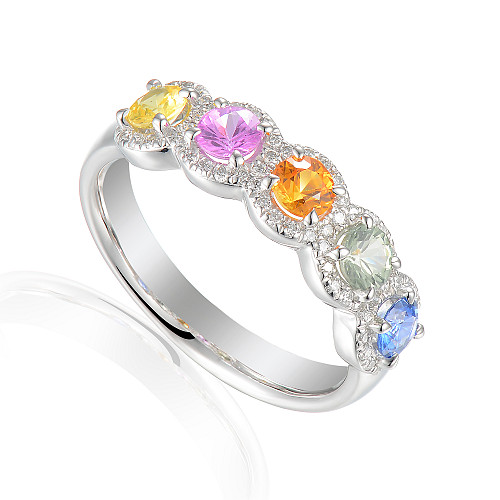 Claw & Micro Set 5 Stone Multi Colour Sapphire Diamond Halo Ring