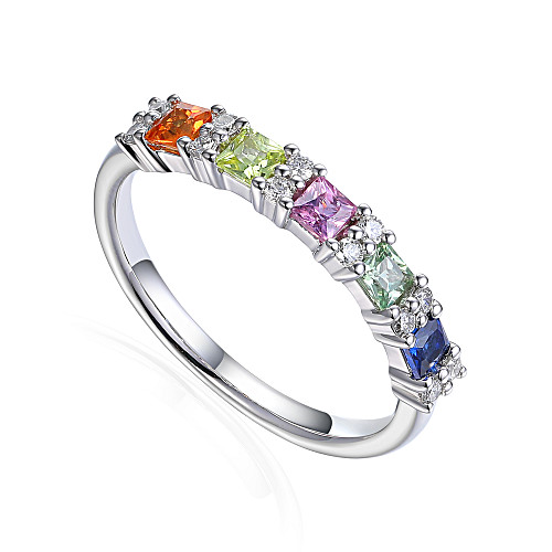 Claw Set Princess Cut Multi Colour Sapphire & Round Diamond Half Eternity Stacking Ring