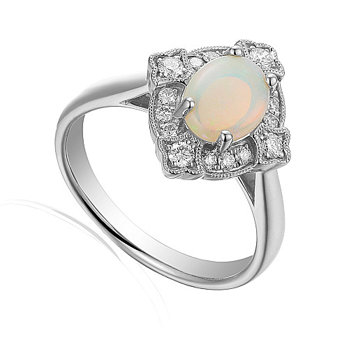Platinum Claw + Micro Set Round Diamond and Oval Opal Halo Ring