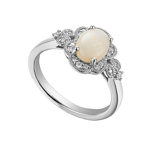 Platinum Claw + Micro Set Round Diamond and Oval Opal Halo Ring