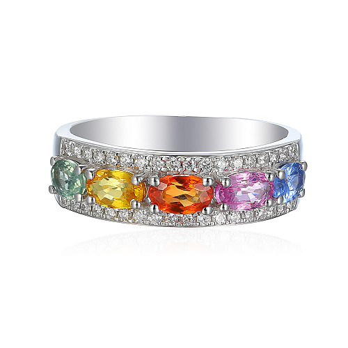 Claw & Micro Set Round Diamond & Multi Colour Oval Cut Sapphire Half Eternity Statement Ring