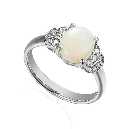 Platinum Claw + Micro Set Round Diamond and Oval Opal Solitaire Ring