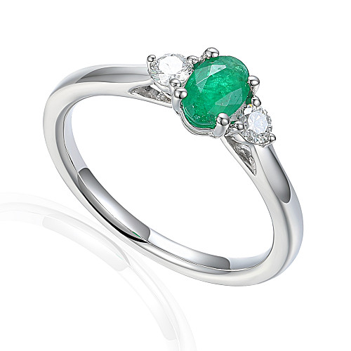 Claw Set Oval Emerald and Brilliant Cut Diamond 3 Stone Ring