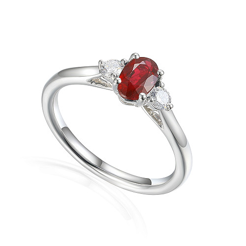 Claw Set Oval Ruby and Brilliant Cut Diamond 3 Stone Ring