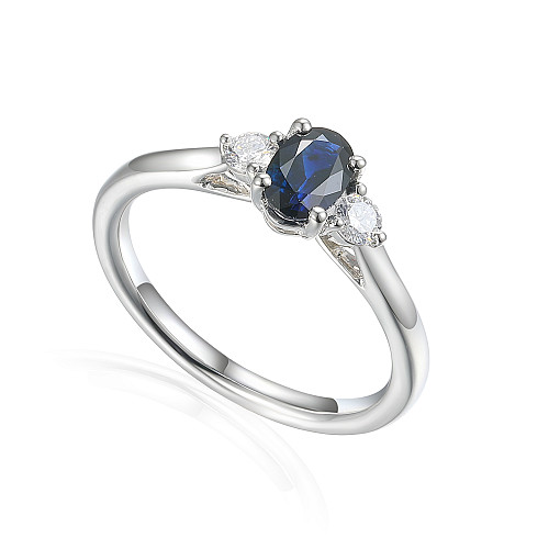 Claw Set Oval Blue Sapphire and Brilliant Cut Diamond 3 Stone Ring